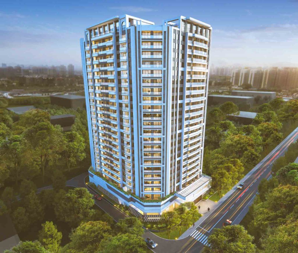Modern high-rise building surrounded by greenery